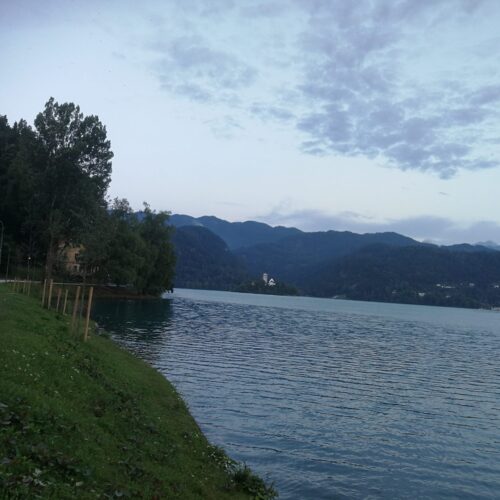 A view of island from its walking roads around the lake Bled